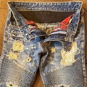 Balmain Moto jeans, Mens, Lined with red plaid fabric in the holes. Very nice